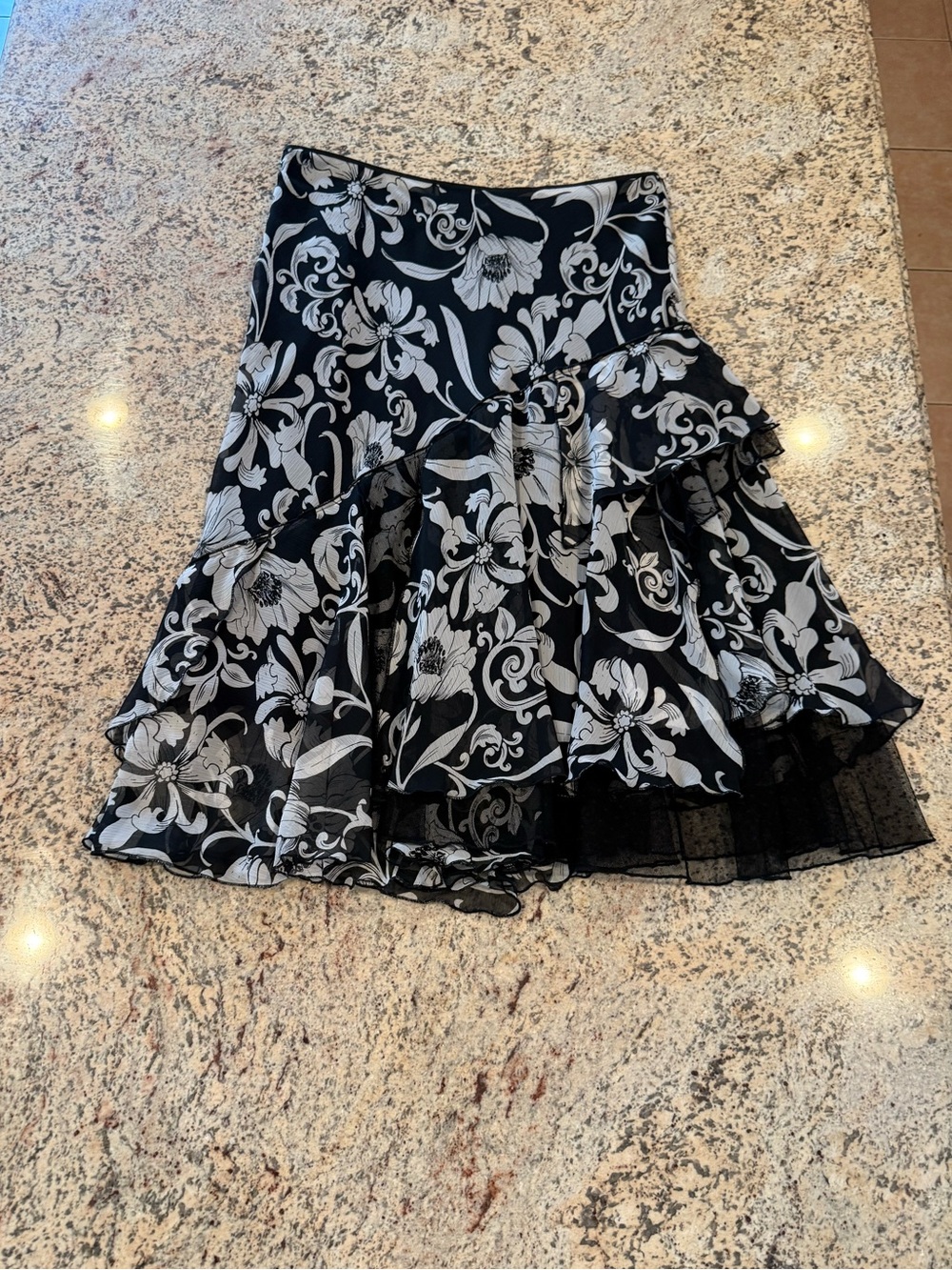 White House Black Market Black & White Floral Ruffle Midi Skirt